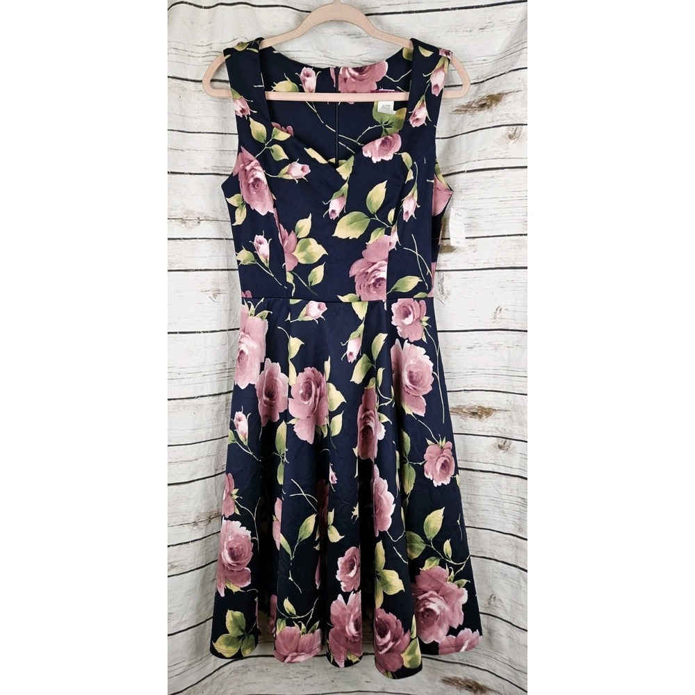 IXIA Dark Floral Fit & Flare Dress L NEW Sleeveless Sweetheart Retro Stretch